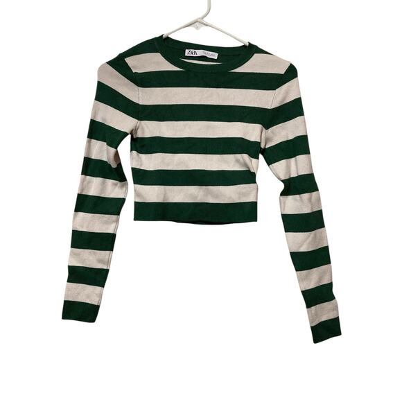ZARA Sweater Womens M Striped Ribbed Cropped Turtleneck Pullover Green White - Picture 2 of 7